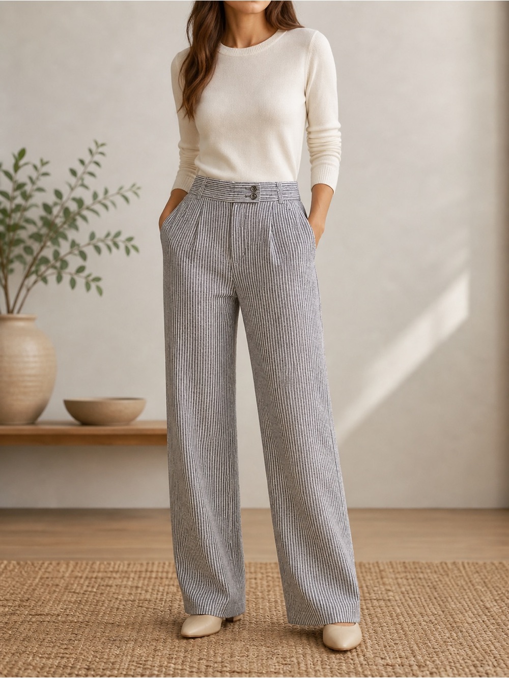 Jones New York 100% Linen Striped Wide Leg Pants Petite 10 Coastal Lagenlook